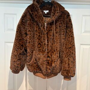 Klesis Brown Leopard Print Teddy Hooded Jacket